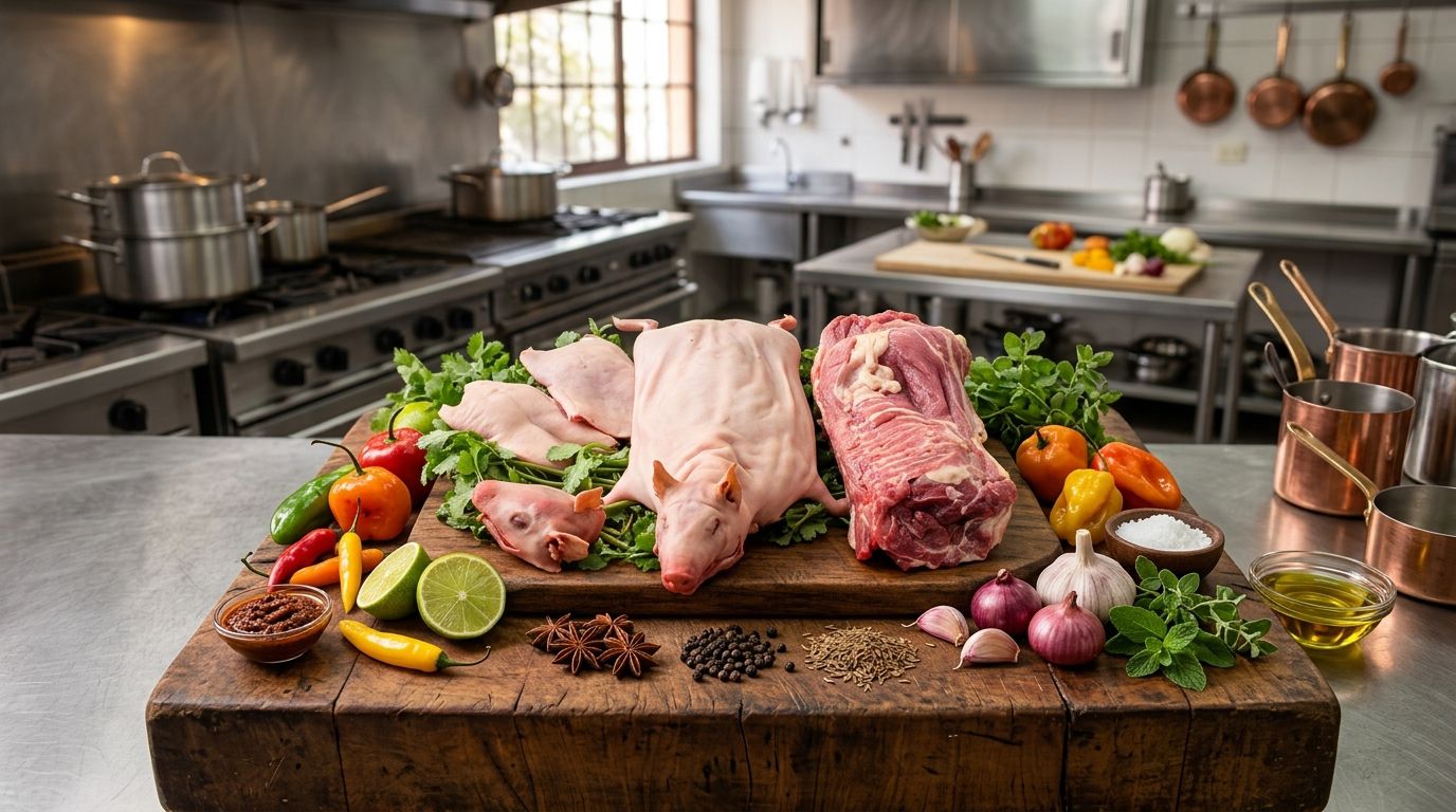 Carne de cuy fresca sobre tabla de cocina